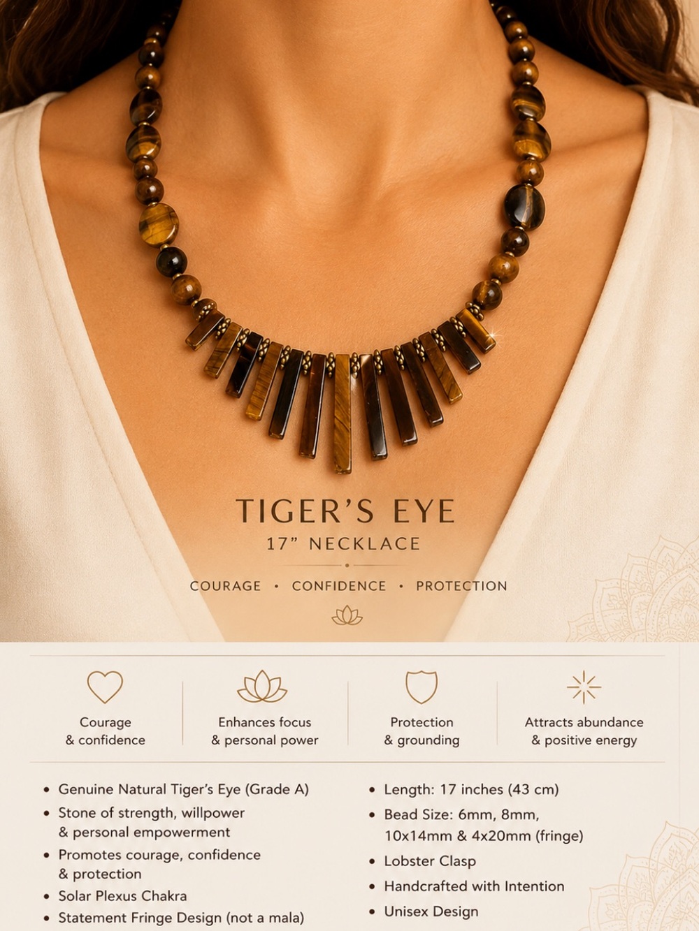 Tiger's Eye Genuine Stone Statement Necklace, Unisex